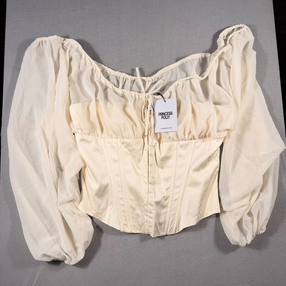Princess Polly Cream Corset Top Long Sheer Puff Sleeve Off Shoulder US 10 NEW